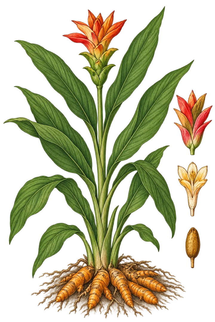 Le curcuma en été : feuillage dense et fleur ouverte