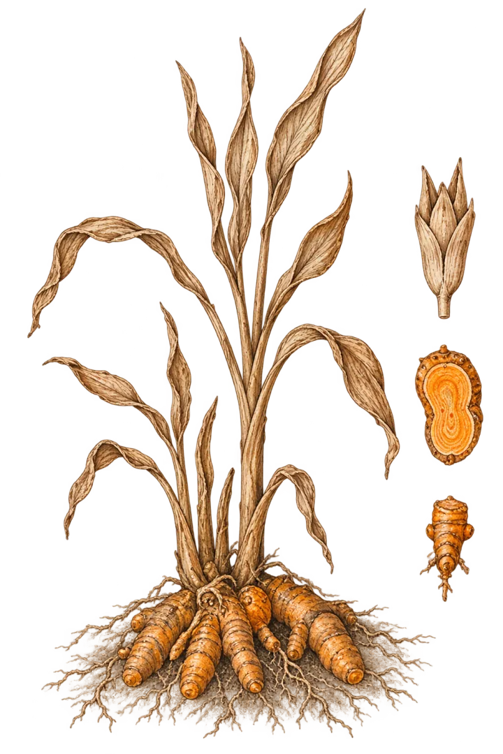 Le curcuma en hiver : plante au repos et rhizome orangé